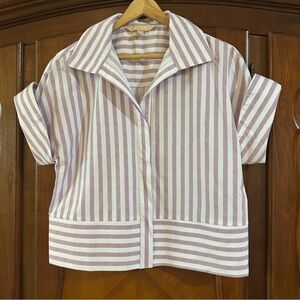 Hope & Harlow Striped lavender/White short Sleeve wide cuff Shirt size small
